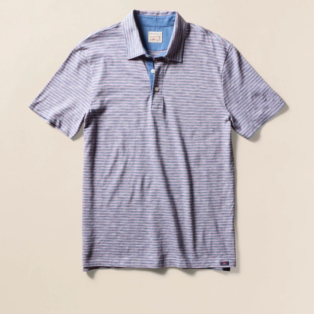 Faherty | Short-Sleeve Indigo Polo in “Sunset Stripe” | Sz XL